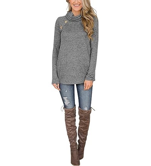 Womens Casual Long Sleeve Cozy High Neck Solid Sweatshirt with Pocket