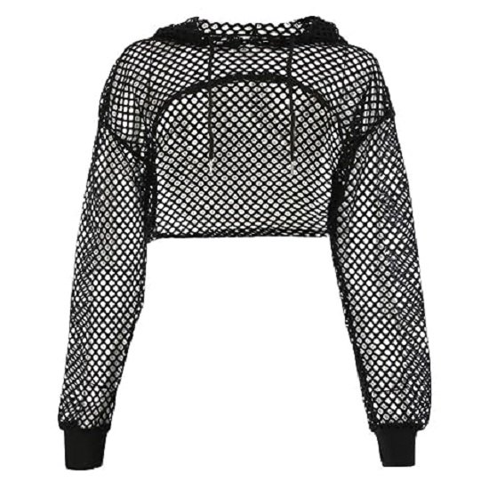 Women's Mesh Fishnet Long Sleeve Hoodie Drawstring Pullover Hoodie Cutout Long Sleeve Cropped Sweatshirt