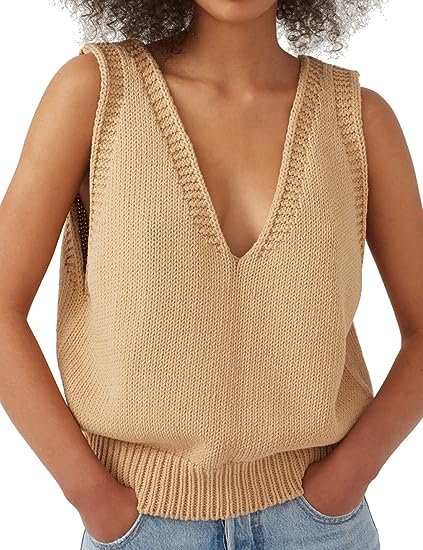 Women's V Neck Sleeveless Knit Pullover Sweater Vest Casual Cami Tank Top