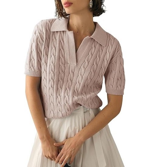 Women's Cable Short Sleeve Sweaters Tops Solid Lapel V Neck Knit Casual Soft Pullover Shirt